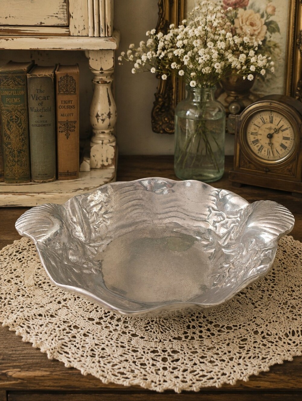 Vintage Mid-Century Sand-Cast Metal Clam Shell Handle Serving Bowl